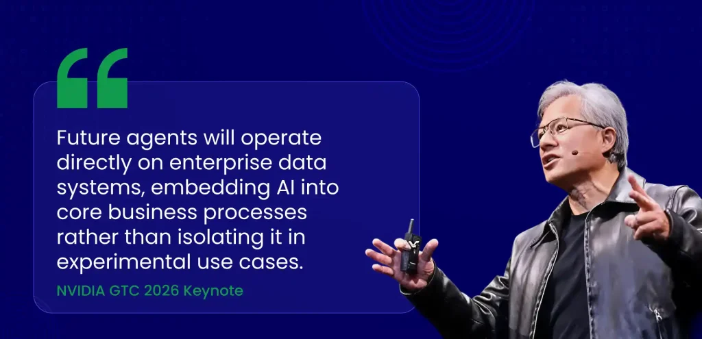 Graphic featuring a quote from Jensen Huang at the NVIDIA GTC 2026 Keynote stating that future AI agents will operate directly on enterprise data systems.